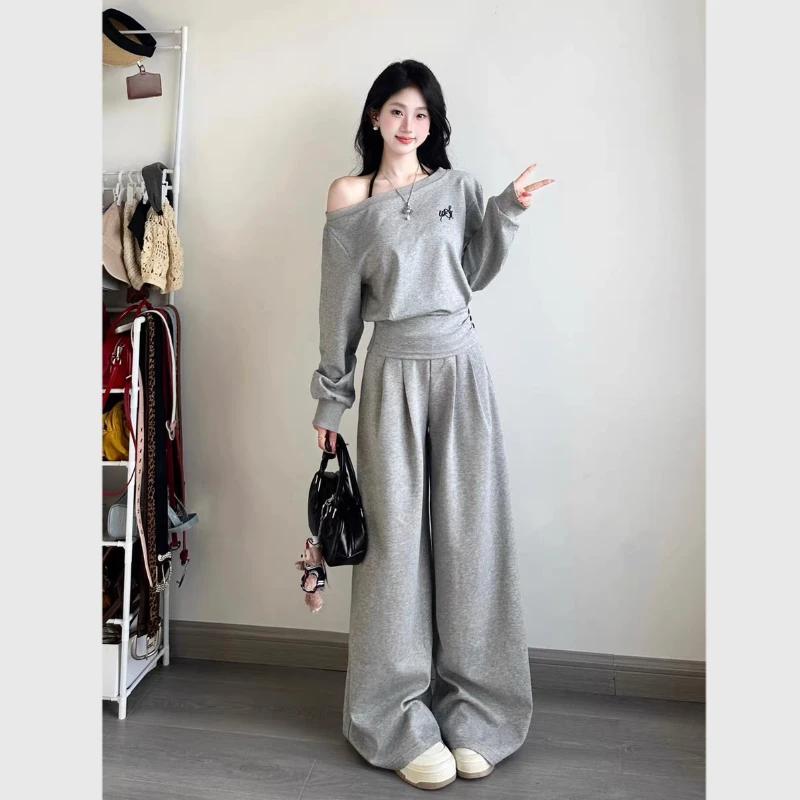 韩系休闲运动服套装女秋冬季时尚一字肩收腰长袖阔腿裤减龄两件套