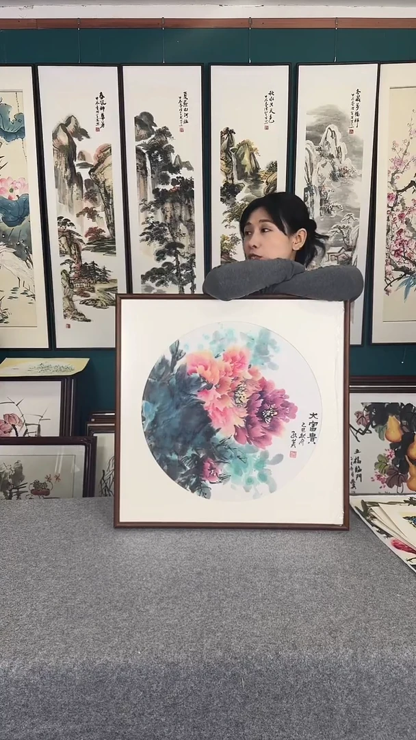 国画荷花实木装裱63*63