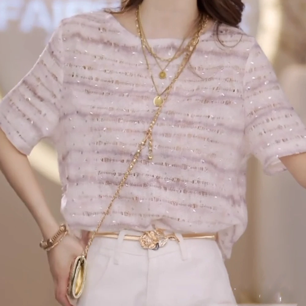 夏季2025新品时尚简约紫色条纹晕染t恤百搭上衣女