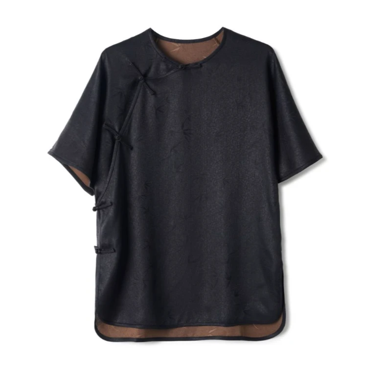 【墨韵】满分桑蚕丝香云纱 国风手工盘扣短袖花萝上衣DX24S039