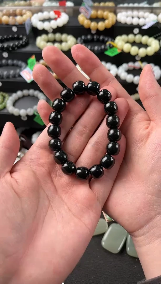 【闪购商品】和田玉手串未镶嵌和田黑青老型珠手串卡12微色差