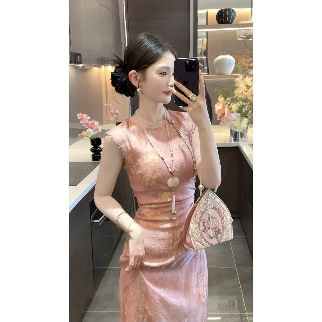 【喜乐】2025新款夏季圆领盘扣气质收腰连衣裙子女装新款显瘦旗袍潮