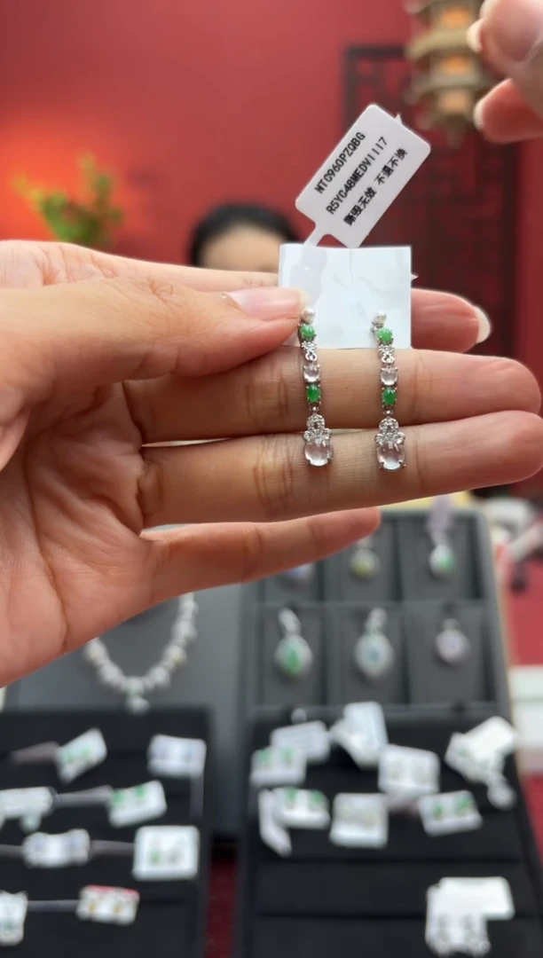 银S925镶嵌翡翠耳饰003684R