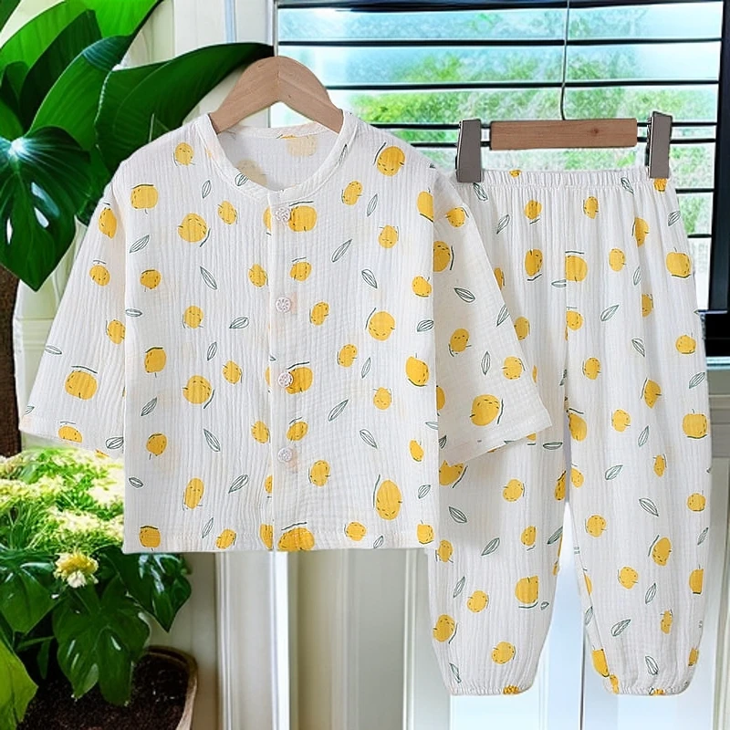 儿童睡衣纯棉夏季薄款男童女童套装小中童空调家居服全棉纱布夏天