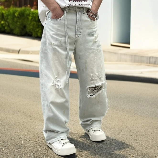 夏季宽松港风破洞美式复古冰川蓝瘩帅潮流阔腿直筒牛仔裤高街休闲