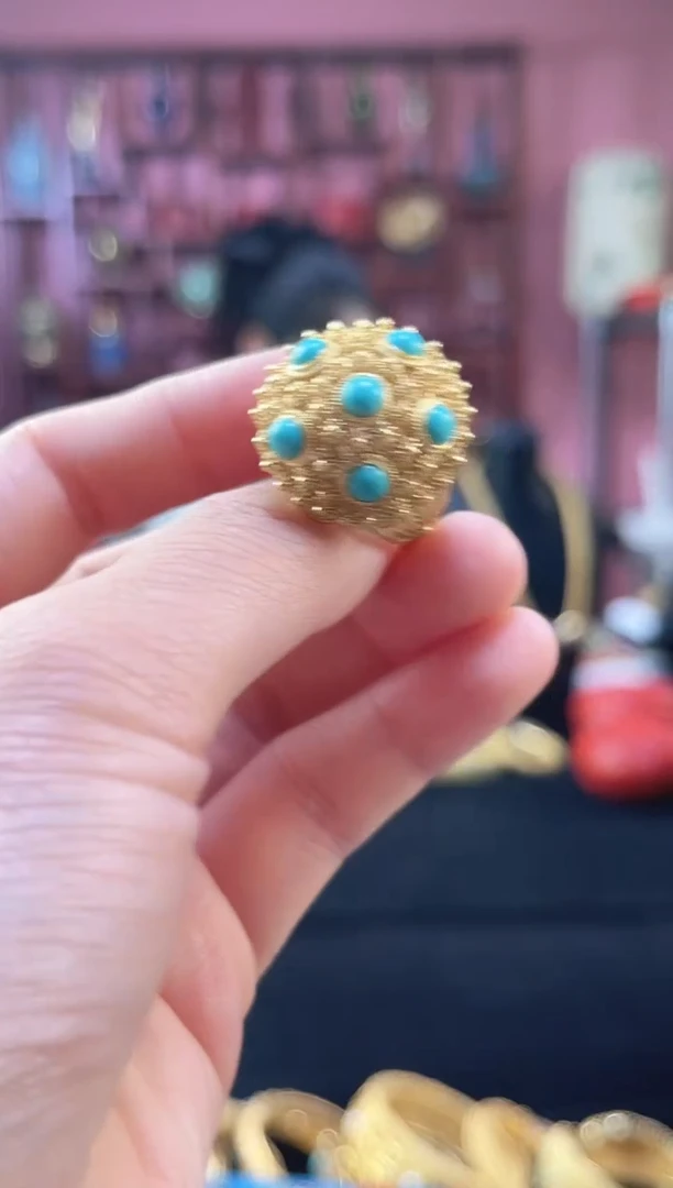非遗技艺 花丝镶嵌堆松戒指 蓝绿