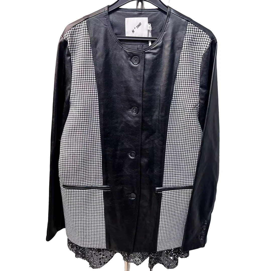 2025春夏新款2583A小众设计气质黑白双拼格子皮衣外套