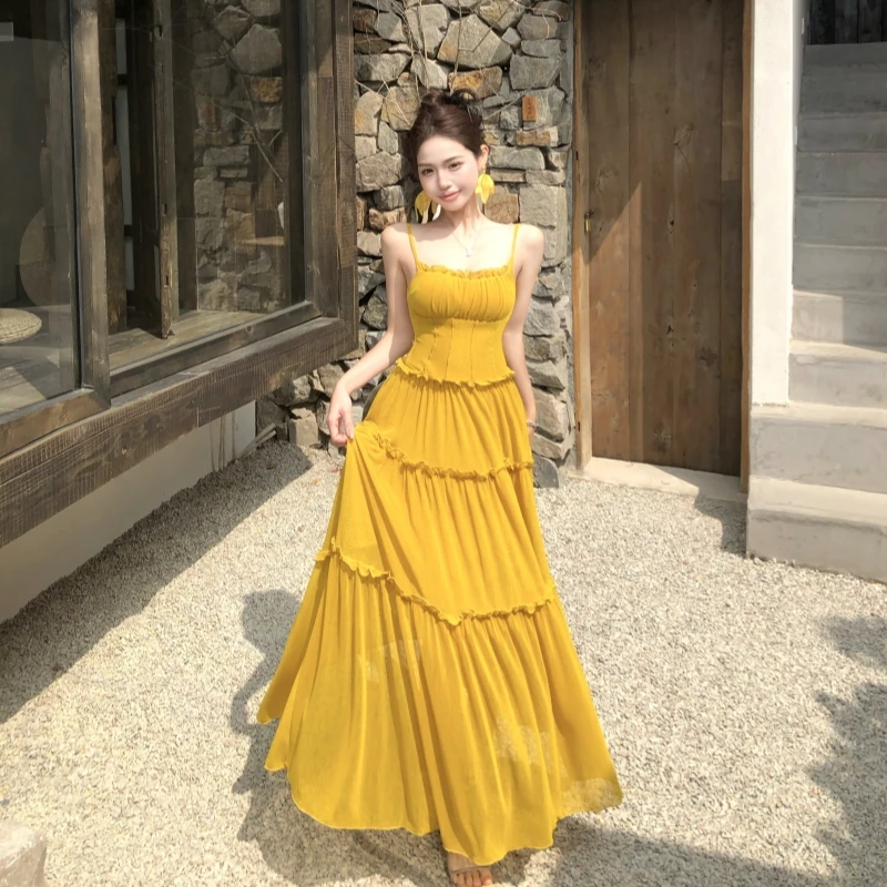 海岛度假氛围感显白姜黄色设计感网纱褶皱连衣裙6709