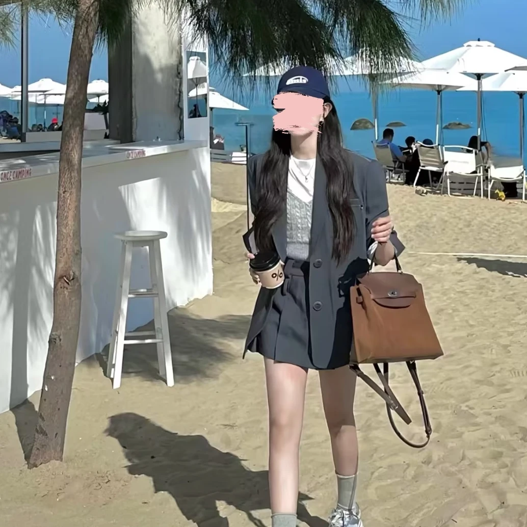 韩系高级风松弛感西装套装女秋季气质减龄慵懒风外套百褶裙两件套