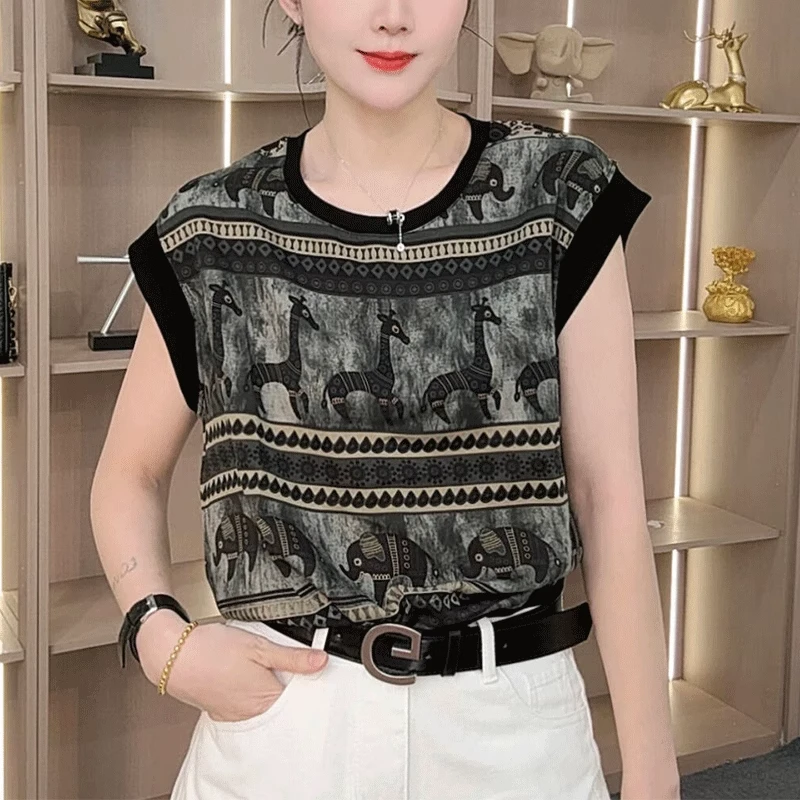 圆领无袖T恤女2025夏季新款时尚复古印花洋气宽松百搭雪纺衫上衣