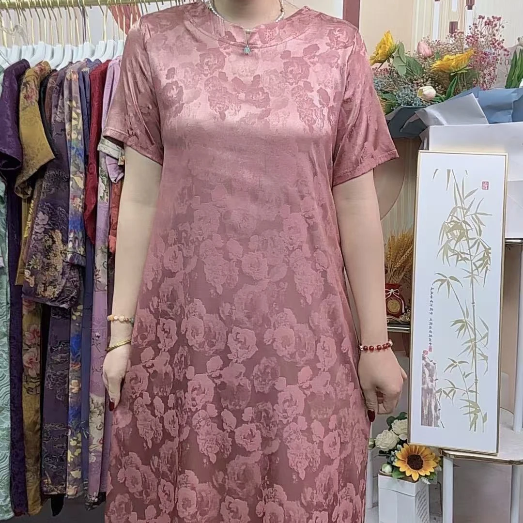 【樱花粉玫瑰】2024新款妈妈装时尚减龄中长款显瘦遮肚连衣裙
