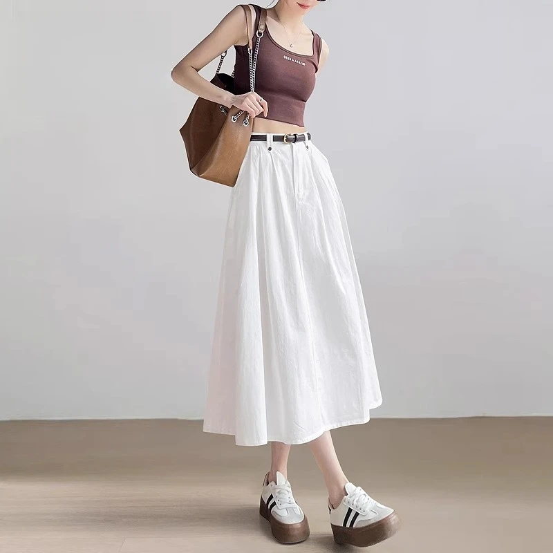 白色半身裙女春夏季2025新款高腰显瘦百搭松紧气质a字伞裙中长裙