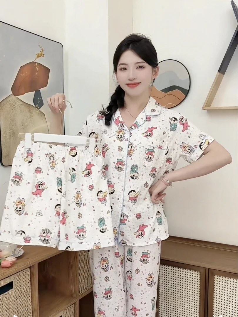 【蜡笔小新三件套】爆款夏秋季短袖短裤长裤休闲家居服女睡衣套装