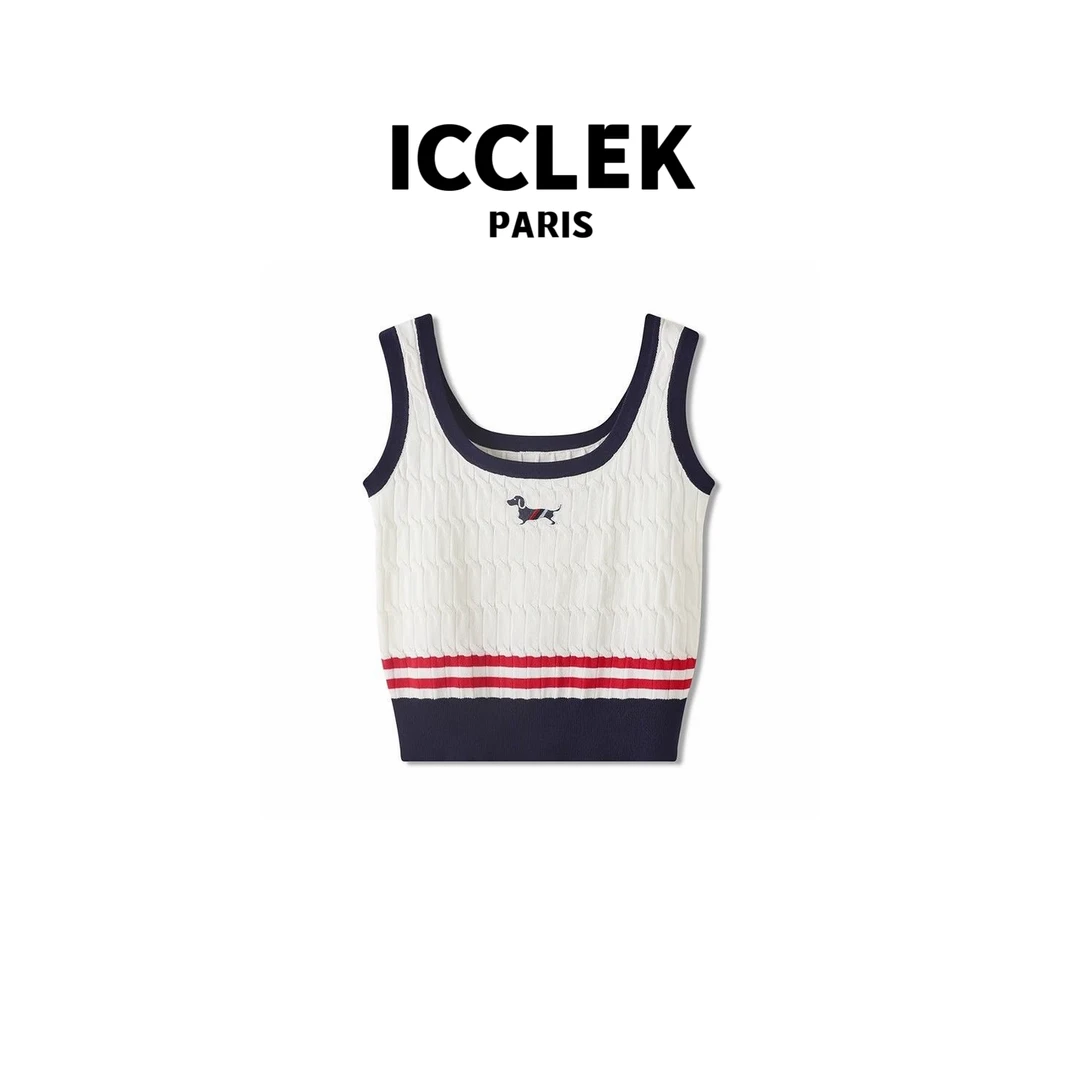 ICCLEK 撞色小狗圆领针织背心休闲百搭气质减龄时尚名媛修身-1298
