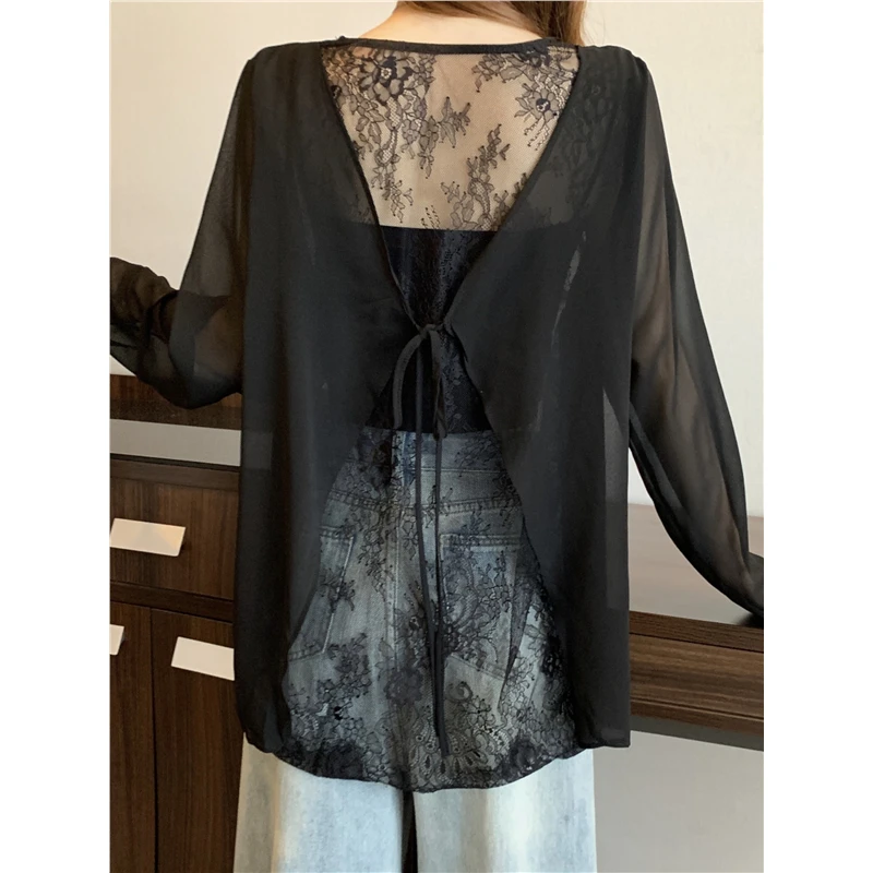 黑色蕾丝镂空露背雪纺衫女2025夏季大码胖mm外搭薄款罩衫上衣