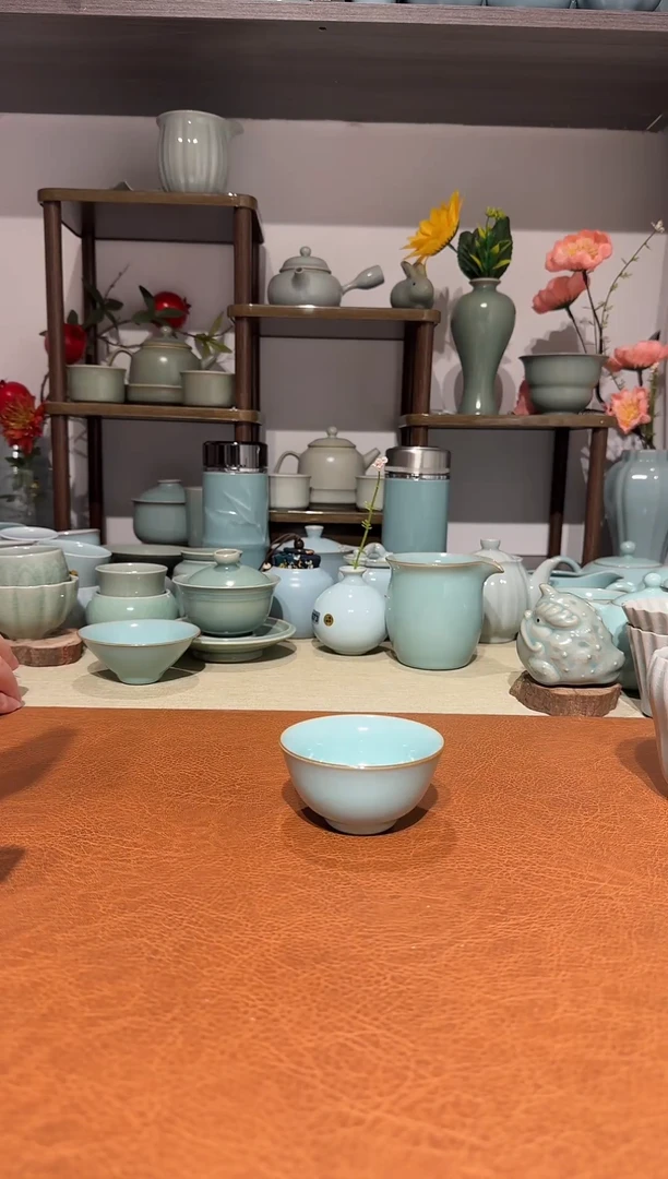 杯子陶瓷41撇口杯 缥碧釉一级精品 主人杯品茗杯*