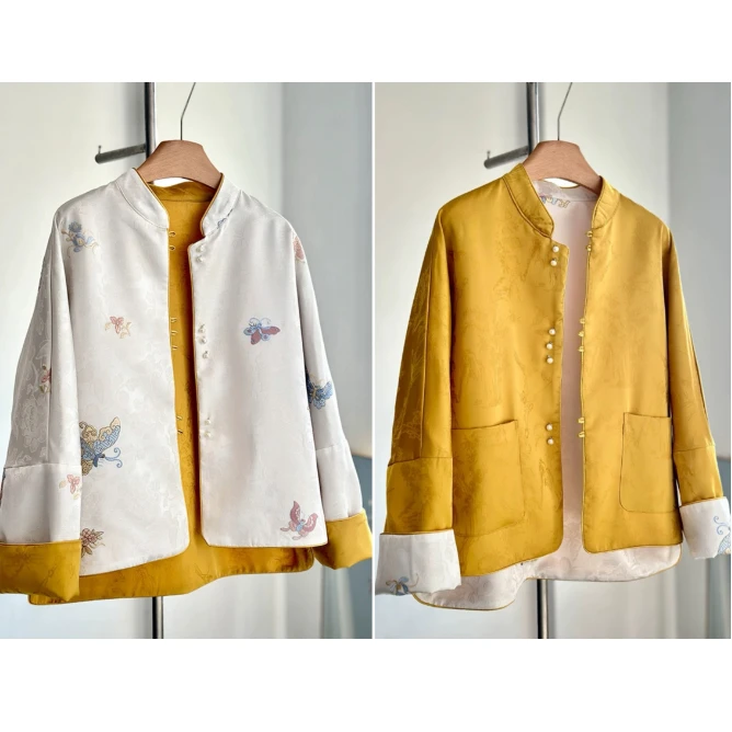 新中式高级感刺绣外套上衣中国风两面穿织锦缎面提花