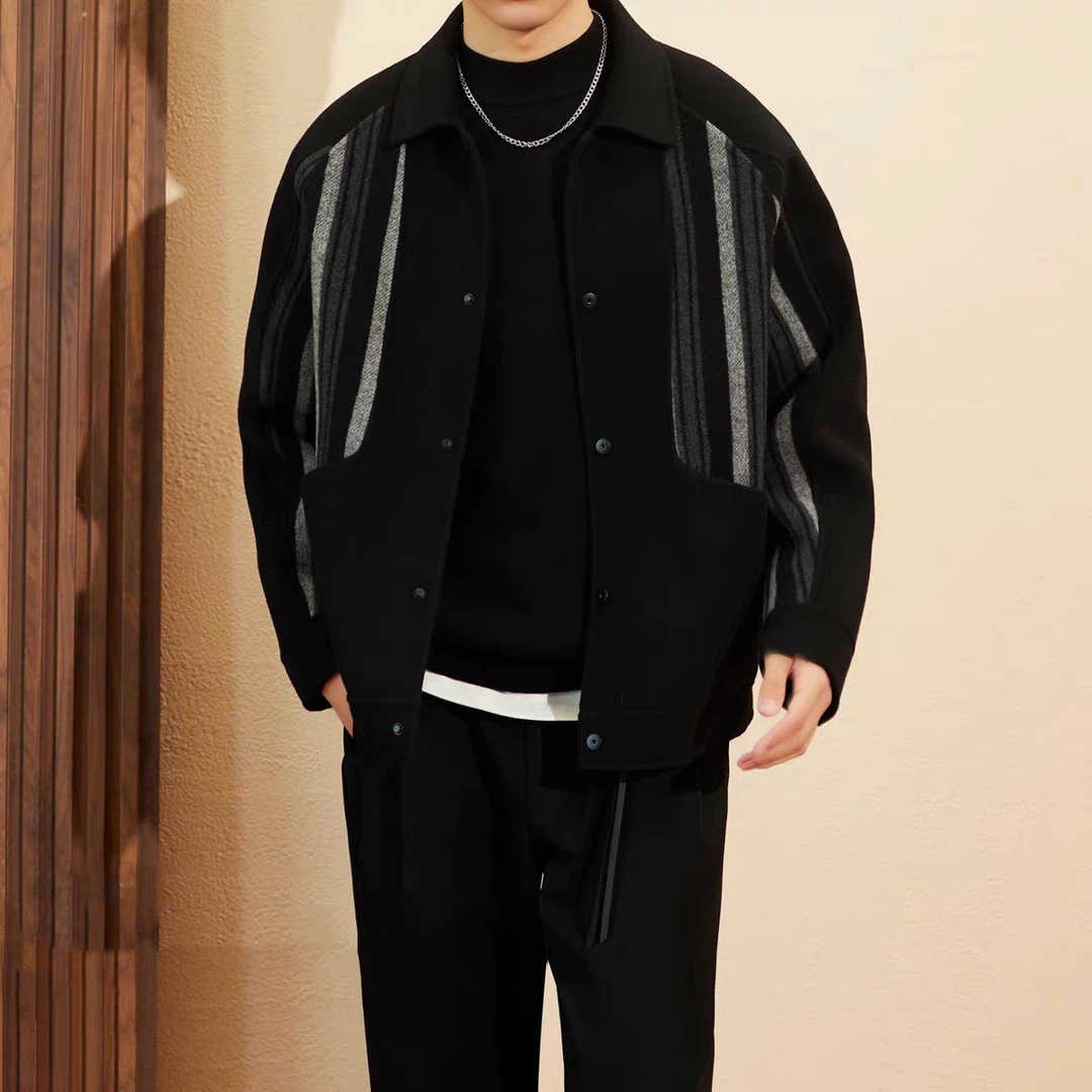 双面呢夹克秋冬季拼接呢子男青年韩版短款毛呢外套潮23077