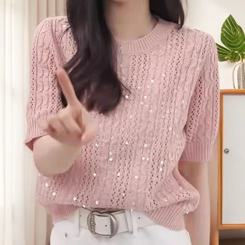 【例畔精选】2025春夏季韩版气质圆领镂空亮片时尚百搭针织衫S832#