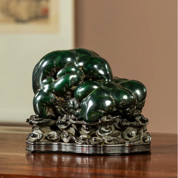 清代 孔雀石文房赏石（红木座）老物件文玩古董收藏中式艺术品摆件