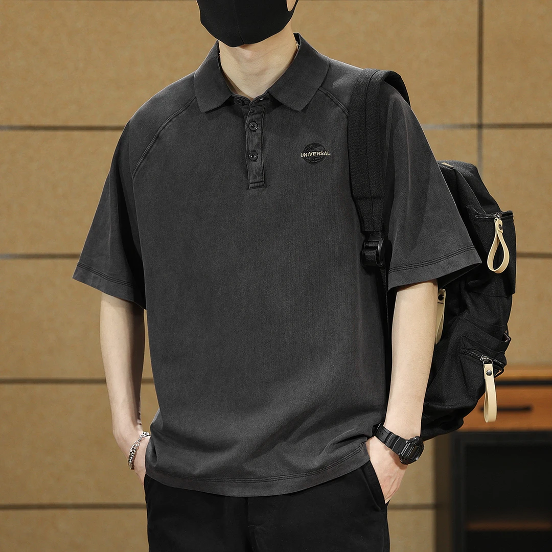 美式短袖Polo衫男夏季云染复古水洗纯棉半袖男士宽松潮流刺绣体恤