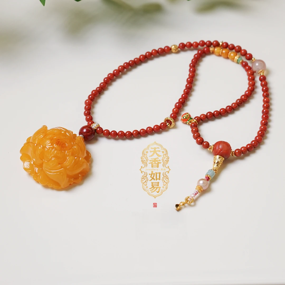 【天香如易】天然琥珀蜜蜡牡丹花吊坠+链子（多样性发货）