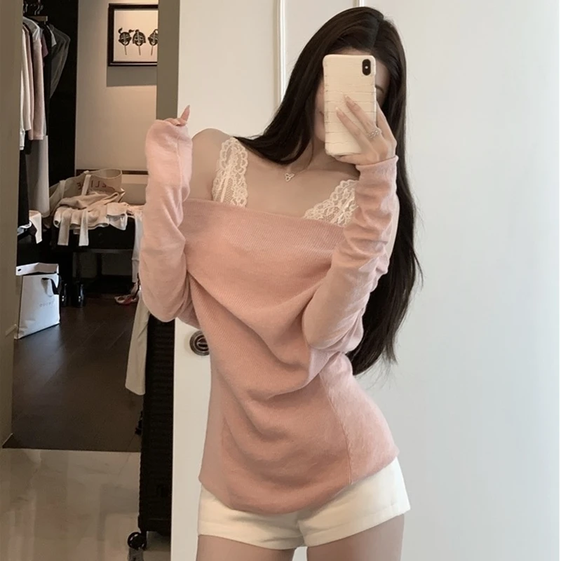 韩系穿搭法式气质粉色一字肩长袖T恤针织衫女荡领收腰上衣打底衫