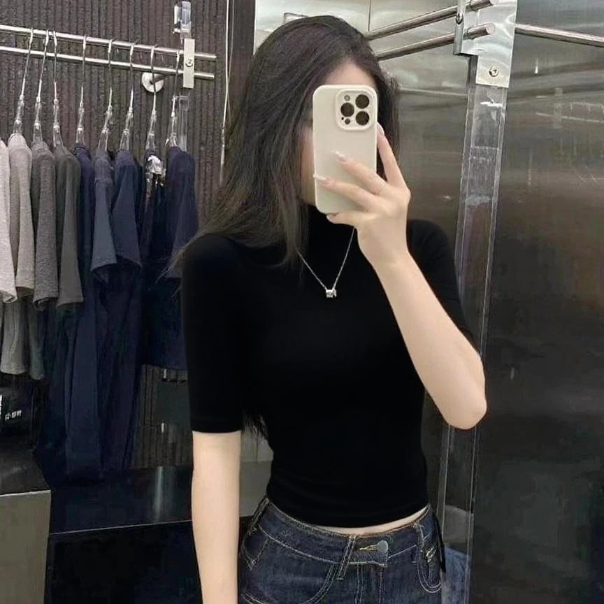 辣妹半高领中袖显瘦打底衫女显身材洋气修身内搭垫肩T恤正肩百搭