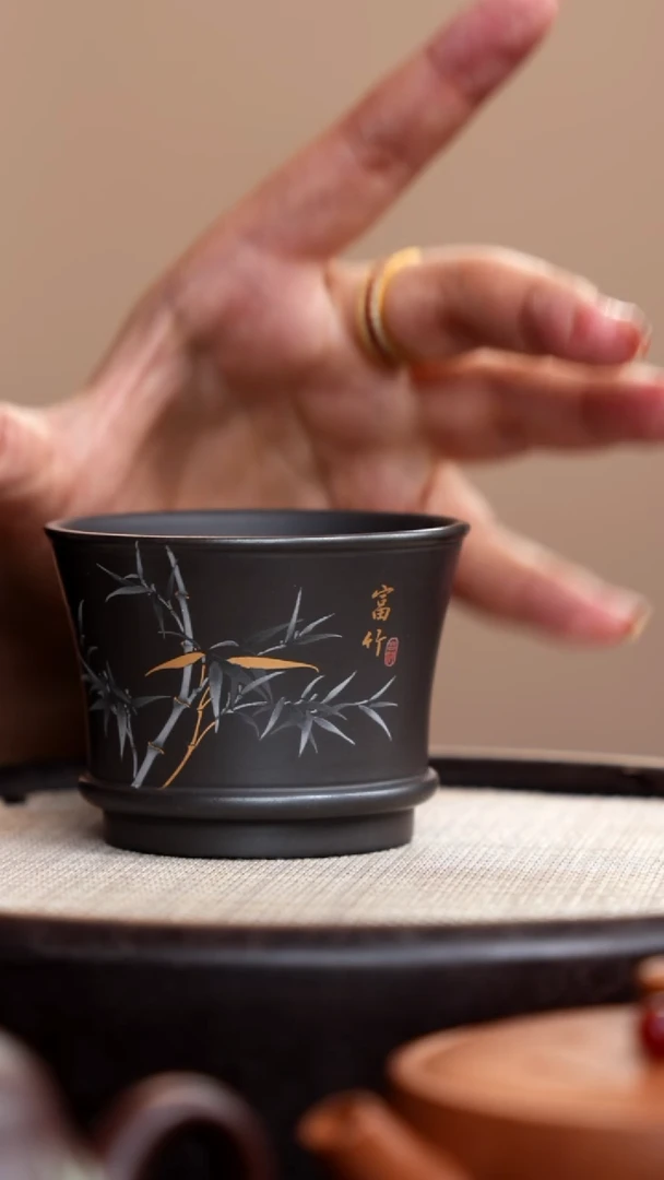 茶壶紫砂石黄线韵杯富竹