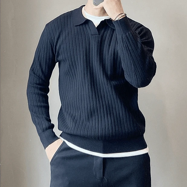 轻熟风秋冬新款条纹翻领男生毛衣纹理弹力宽松针织POLO衫长袖线衫