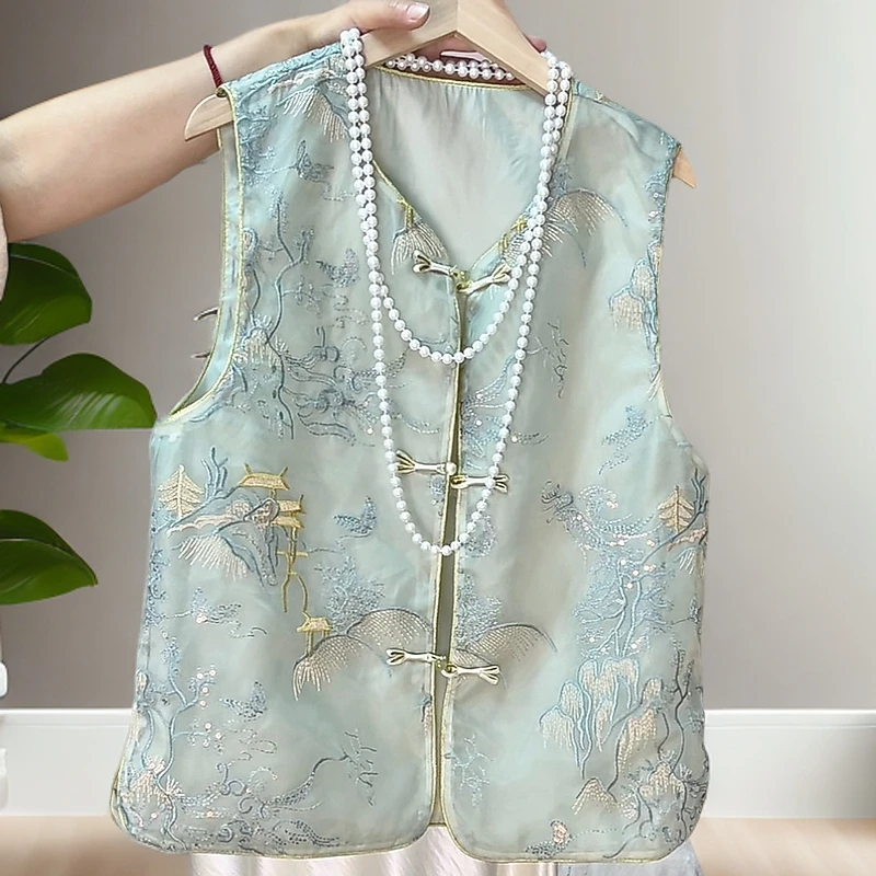 【亭台楼阁】夏季新中式宽松圆领马甲出行百搭新中式提花无袖马甲女