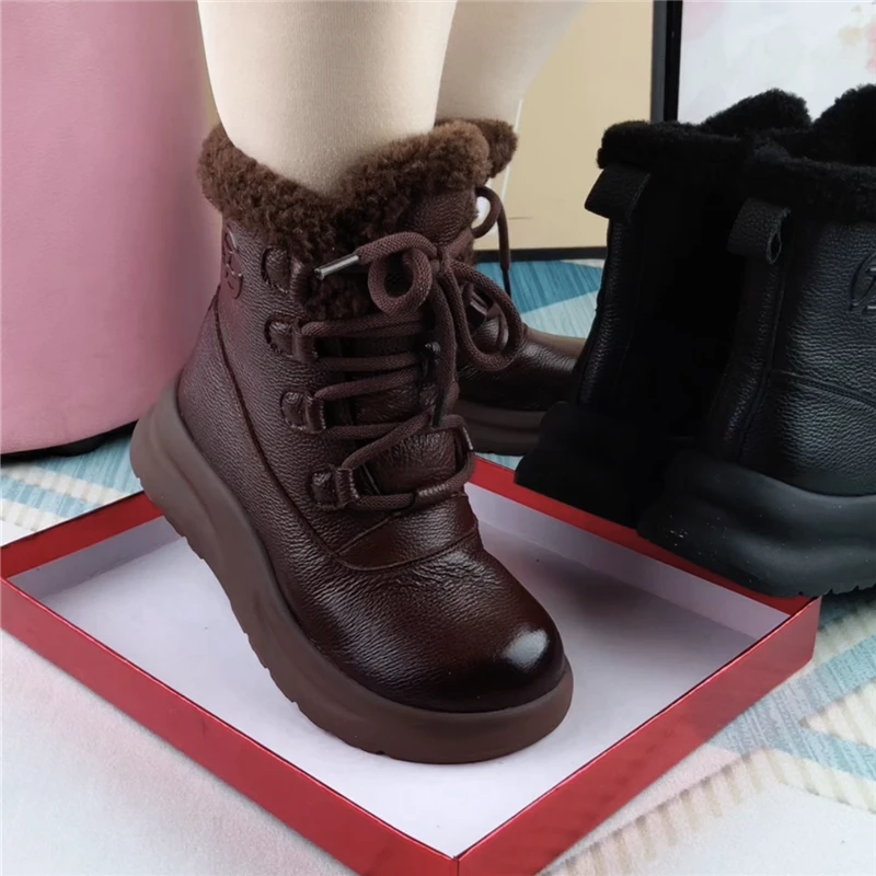 短靴女真皮厚底圆头靴子女休闲棉鞋女冬加绒轻便舒适软底马丁靴女