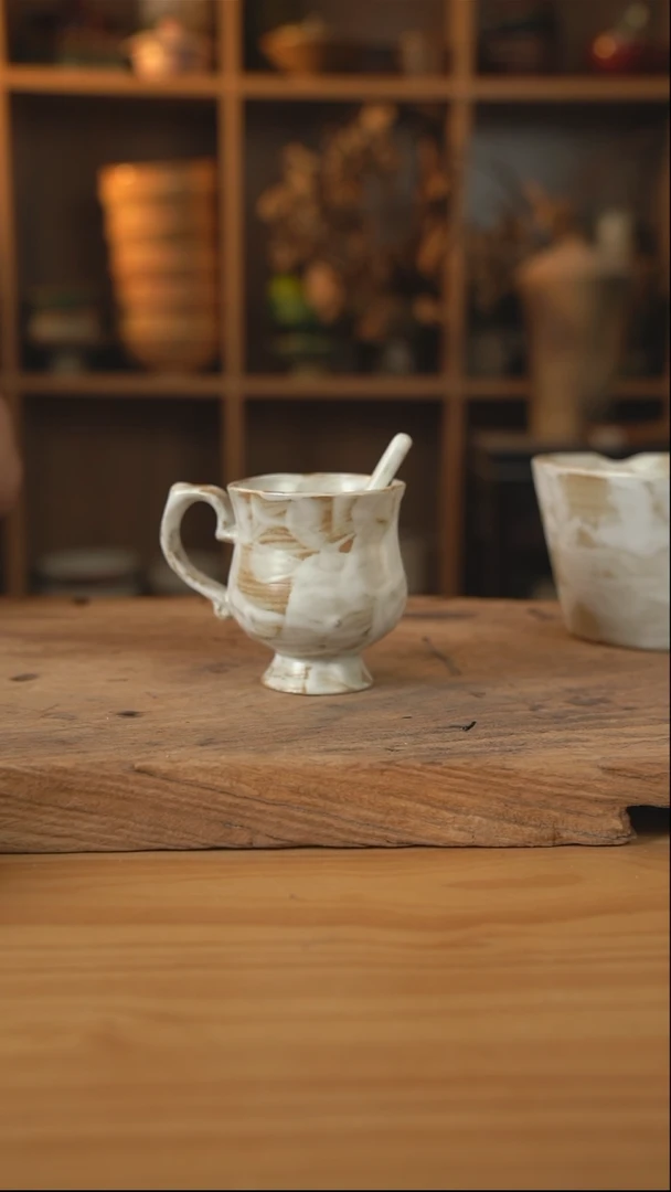 粉影系列的高脚花口咖啡杯+搅拌勺