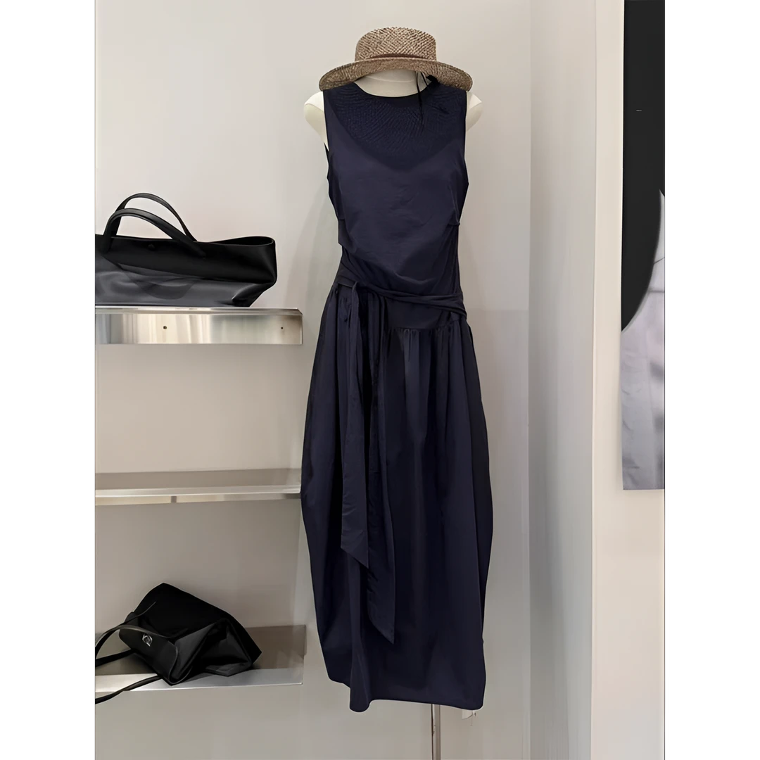 气质好的想转圈圈！茧型腰间绑带无袖花苞背心裙慵懒好看连衣裙女