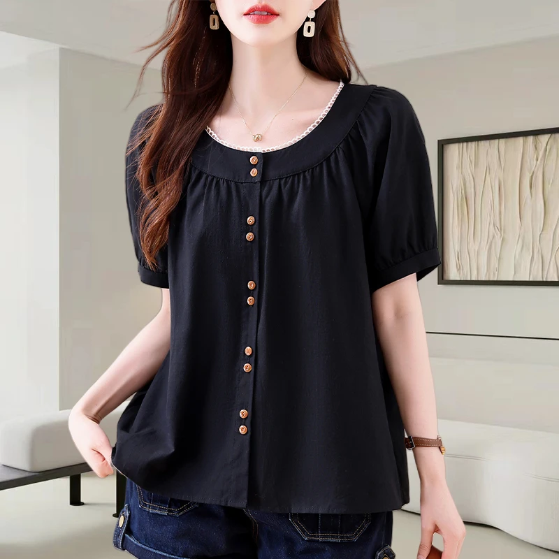 法式黑色正肩短袖t恤女士2025夏季新款时尚减龄宽松遮肚显瘦上衣