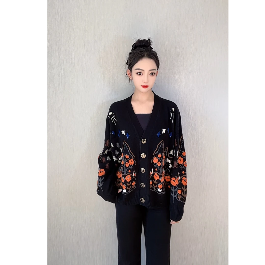 LING ZHOU XUE/灵州雪小香风宽松提花复古韩版气质羊绒衫21181