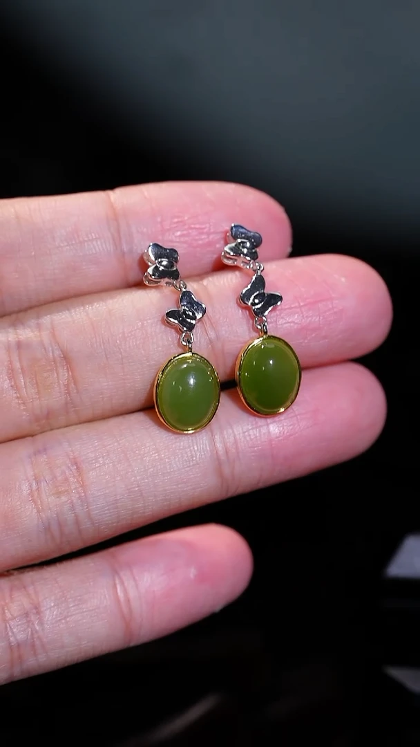 银S925镶嵌和田玉耳饰20多样性发一