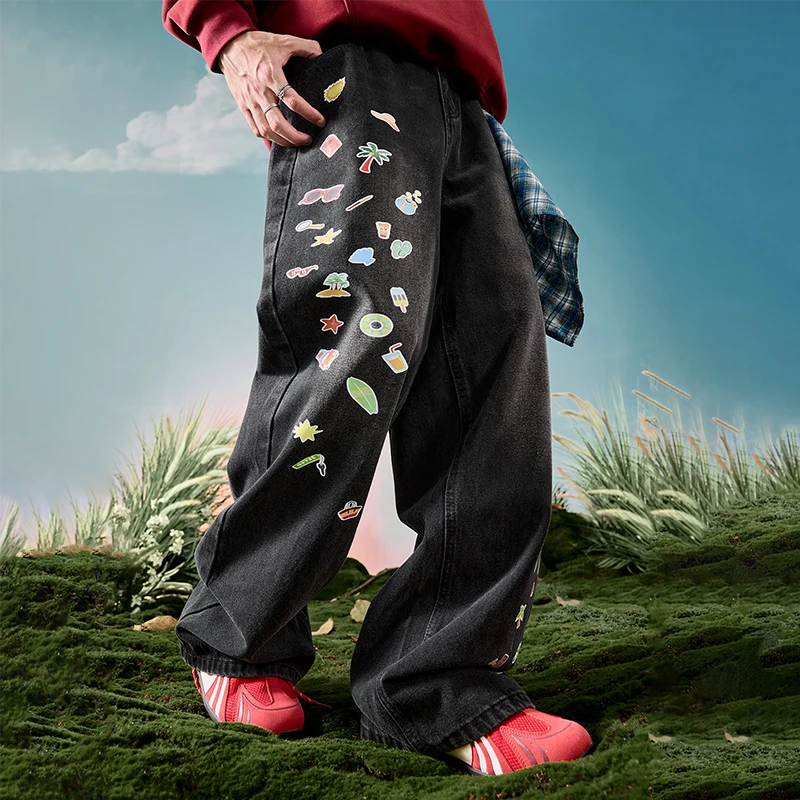 Nuthink嘻哈潮流印花牛仔裤宽松潮牌做旧休闲薄款男2025夏季新款