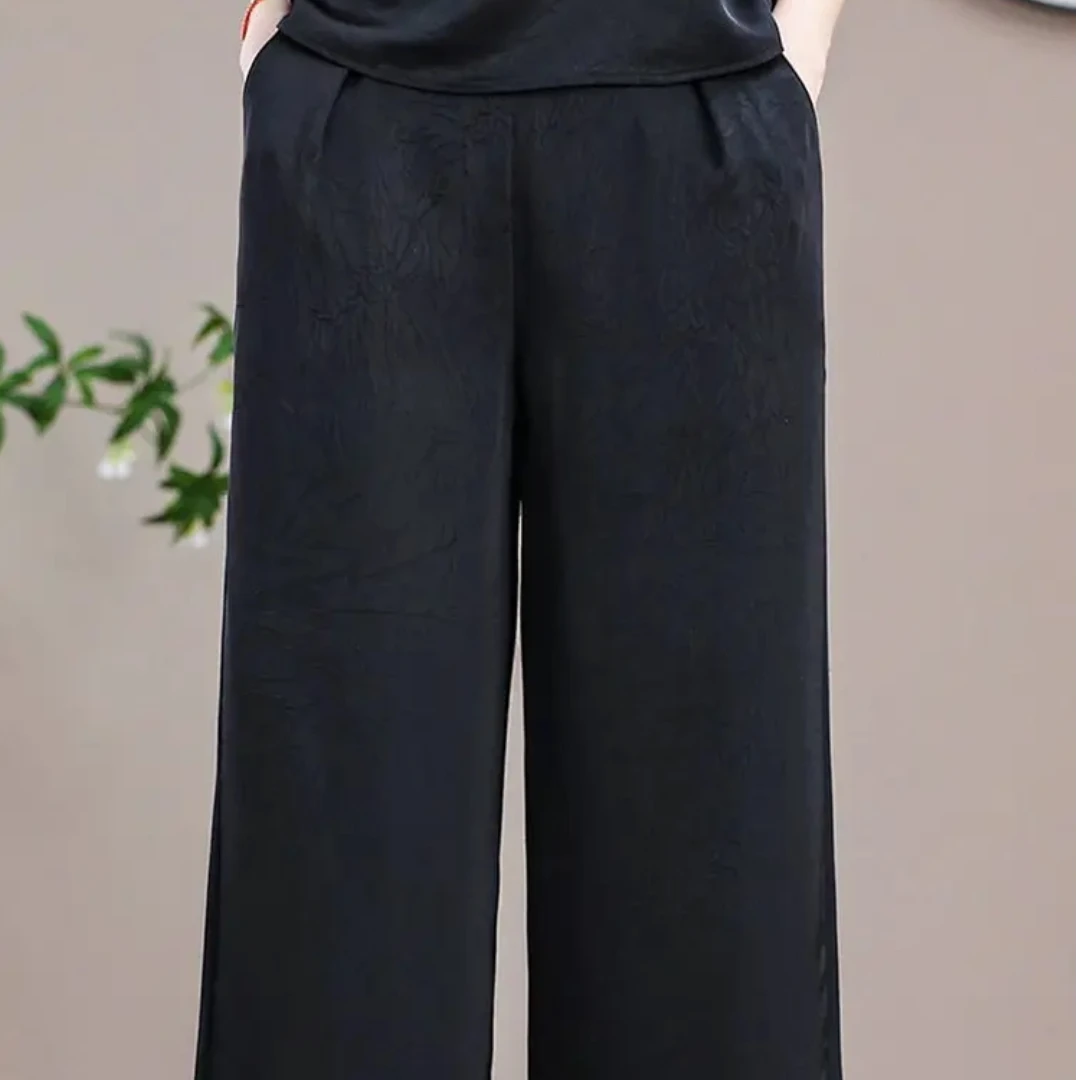 N119【锦悦】夏季宽松大码高腰阔腿裤九分裤休闲松紧腰复古女直筒裤
