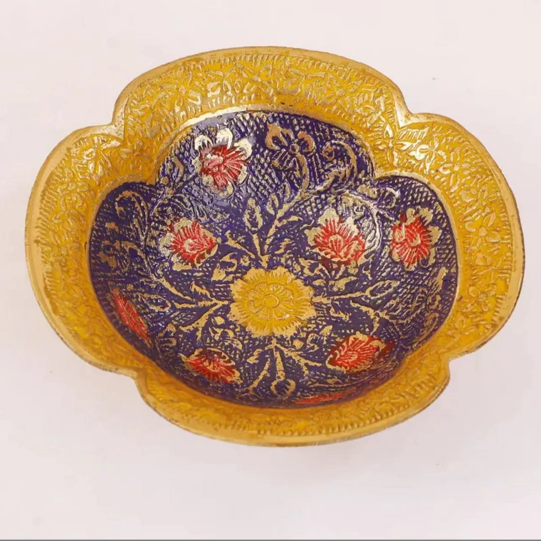 印度黄铜手工彩绘花瓣形果碗4个装 复古干果盘零食盘