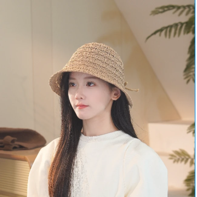 日系新款牛奶丝水桶帽女蝴蝶结夏季开叉镂空透气渔夫帽遮阳帽子