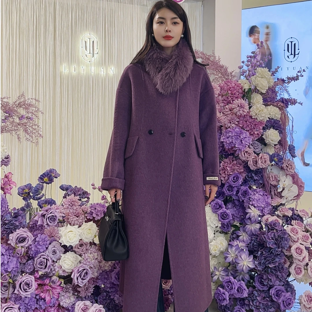 李园家1号店-2530-1-毛领双排扣双面羊毛彩毛领大衣