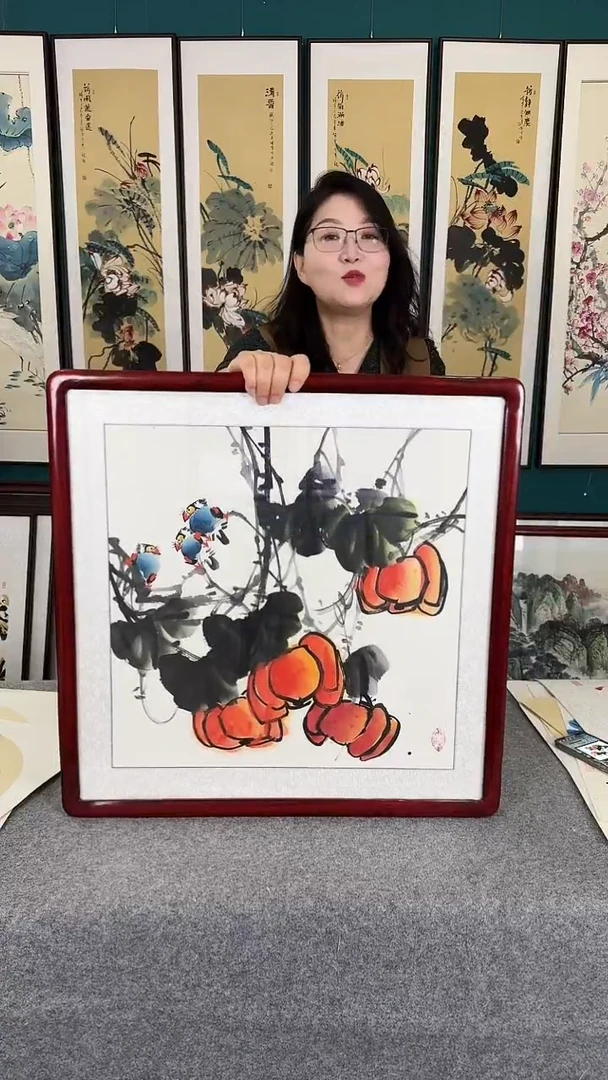 国画63*63南瓜实木装裱