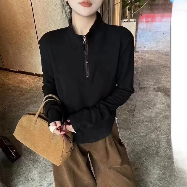 【 雨•美 推荐 】B15黑色韩系半拉链长袖上衣