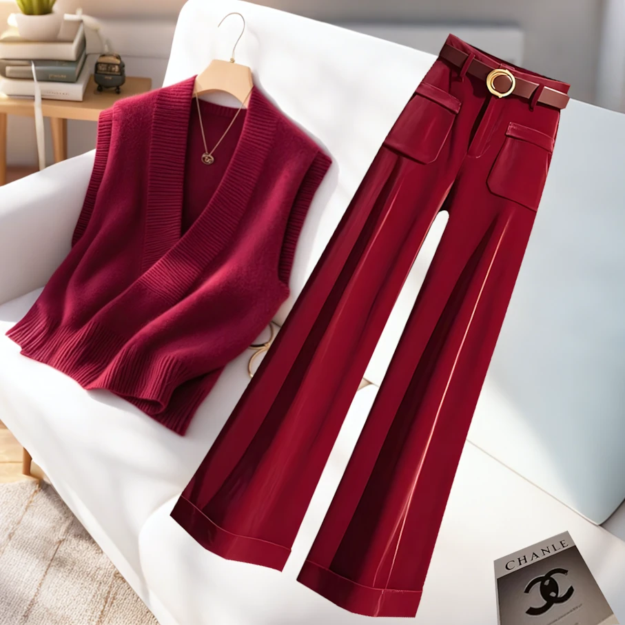 高级感气质针织衫背心冬季2025新款跨年新春红色毛衣直筒裤套装女
