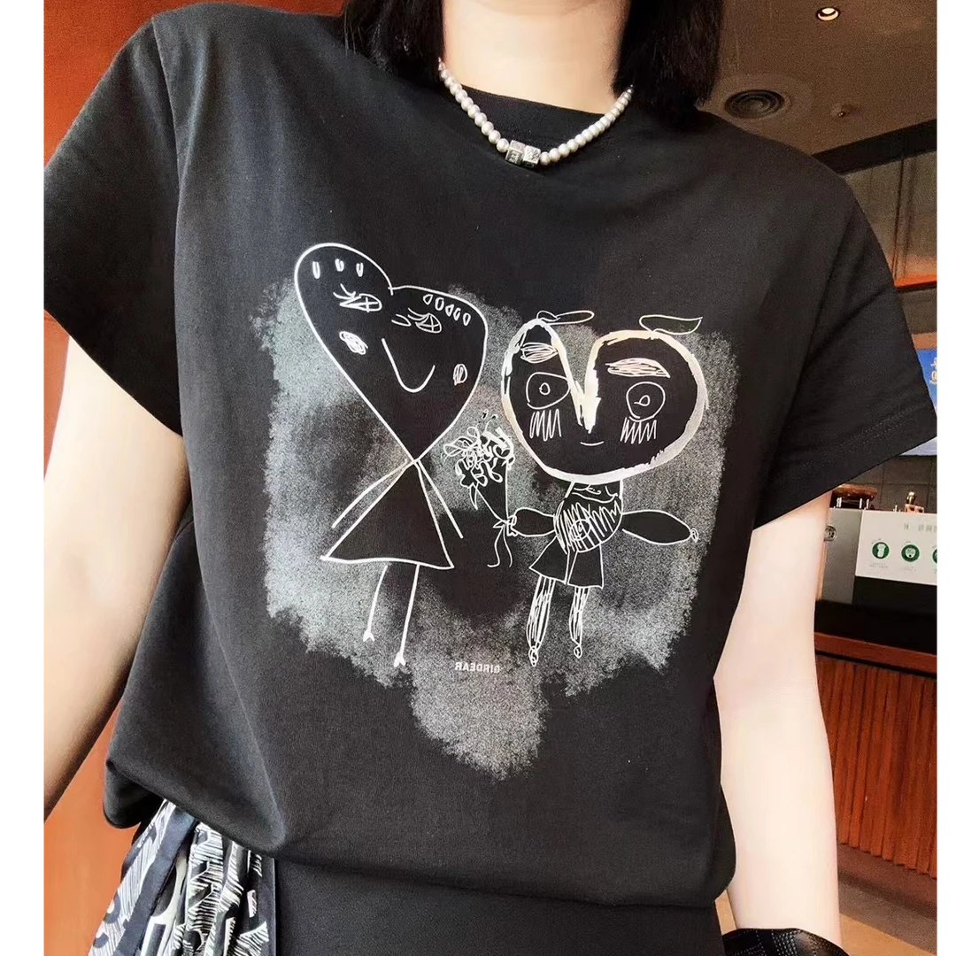 GIRDEAR/哥弟1300996夏季新款青春休闲百搭显瘦圆领涂鸦小飞袖T恤