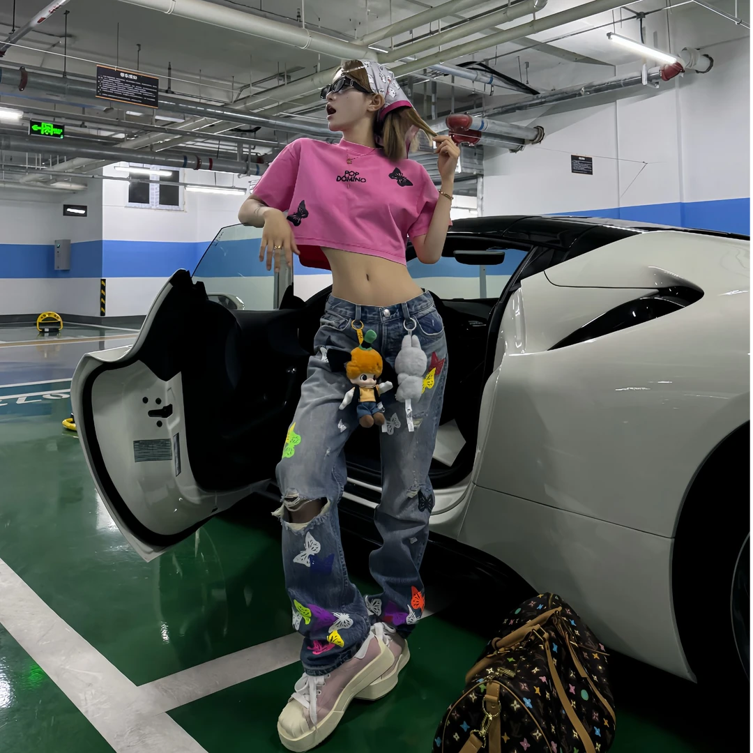 POP DOMINO轻奢秋冬新品蝴蝶牛仔裤手工刺绣设计感显瘦潮流时尚