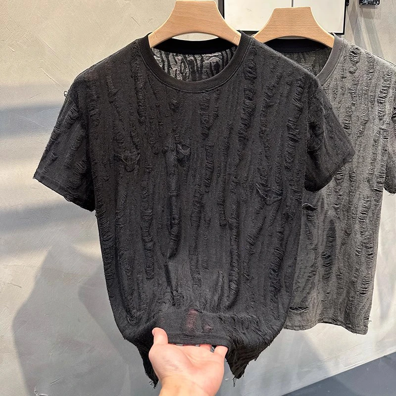 IKOPPOI个性设计感小众破洞短袖t恤男夏季美式冰丝半袖上衣