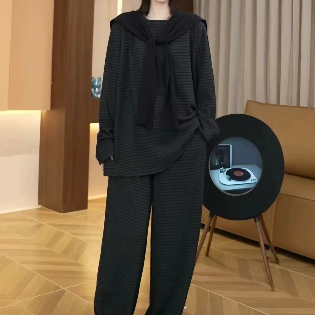 早秋新款大码休闲条纹套装慵懒风设计感上衣裤子加披肩三件套