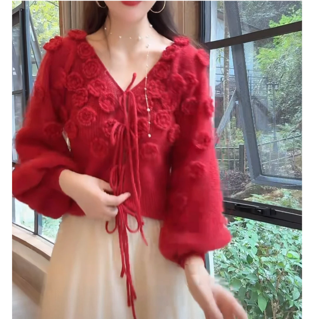 温柔风立体花朵V领系带针织衫2026春季新款复古气质设计短款毛衣